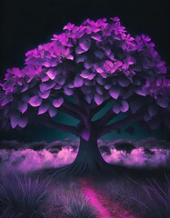 A vibrant purple tree stands tall amidst a vast field, creating a captivating sight in nature's embrace.