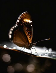 A macro photograph of a brown butterfly resting on a sleek black surface.