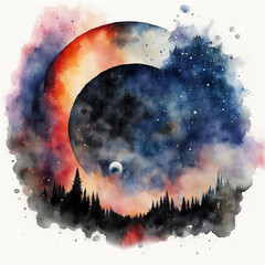 Solar eclipse watercolor illustration. Space, universe, astronomy. Sun and moon. Landscape, nature. Astrology. Total solar eclipse.