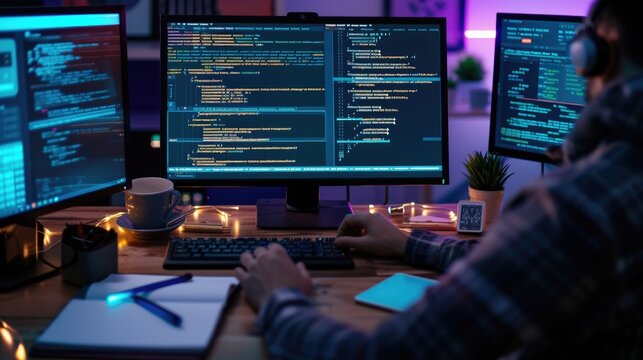 A focused software developer codes on a dual monitor setup in a modern office environment with a minimalist aesthetic. AIG41