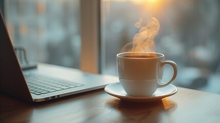 Steaming cup of coffee next to laptop at sunrise, AI-generative