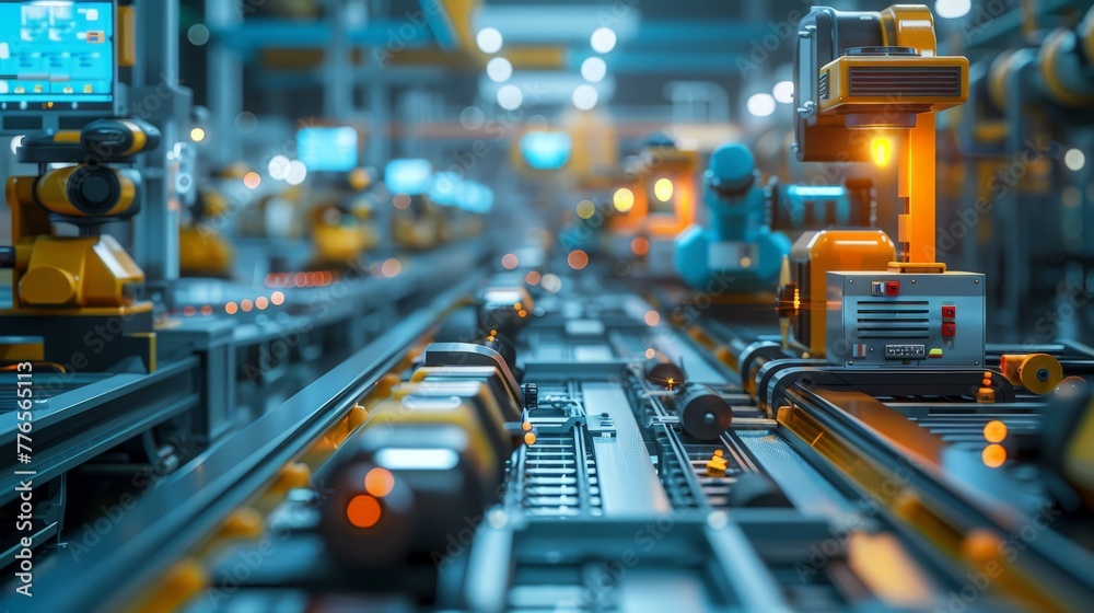 Poster detailed depiction of advanced sensors and detectors in a high-tech factory setting