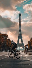 MAN in a cycling race in Paris with the Eiffel Tower in the background in high resolution and quality. Paris 2024 Olympic Games concept. Aspect ratio 9:16. sports,cycling,olympics,Paris,athlete,2024