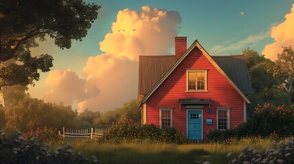 A red house with a blue door, clouds in the background, surrounded by trees and grasses