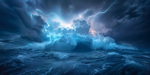 A digital masterpiece depicts the raw power of nature as tumultuous ocean waves clash under a stormy sky, illuminated by flashes of lightning and charged with the intense energy of thunderclouds. - obrazy, fototapety, plakaty