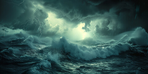 Digital illustration captures nature's fury with tumultuous ocean waves raging under a stormy sky, illuminated by lightning bolts and pulsating with the intense energy of thunderclouds. - obrazy, fototapety, plakaty