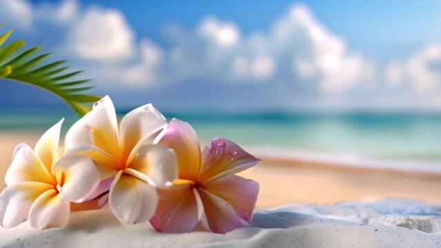 Scenic Tropical Beach with Fragrant Plumeria Flowers in White Sand