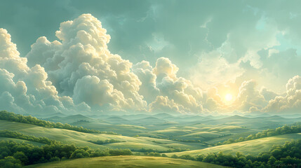 Sunlight Through Clouds Over Hills