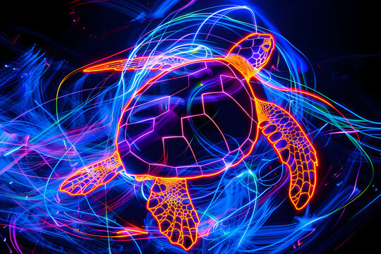 Neon outlines of a sea turtle in a swirling vortex isolated on black background.