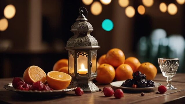 Ramadan Feast Still Life: Dates, Oranges, and Lantern on Wooden Table