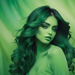 Naklejka premium a woman with long hair and a green background with a green background.