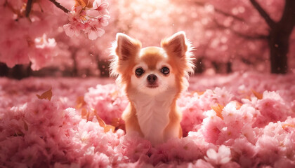 満開の桜の花の穏やかな美しさを楽しんでいる猫。A relaxed cat given spotted sunlight under the pink canopy of the petal and the dog which is in full blossom, and enjoys the calm beauty of cherry blossoms.