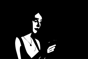 girl with phone in hands silhouette black and white vector
