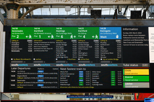 London, UK - March 24, 2024; Electronic train departure board at Charing Cross Station in London