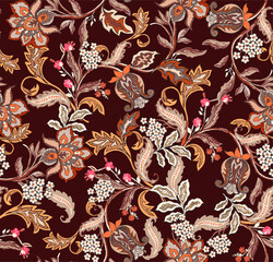 Colorful asian style floral pattern. Dark background floral tapestry. paisley pattern with traditional indian style, design for decoration and textiles