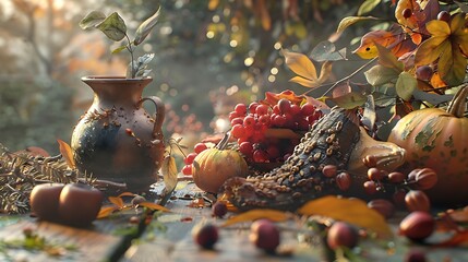 Still life with leaves, apples, and fruits Generated by Ai