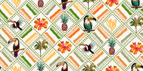 Tropical pattern with colorful palm trees, birds, leaves, pineapples. Vector art Hand drawn illustration for summer design, print, exotic wallpaper, textile, fabric, decoration
