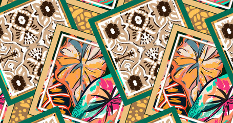 patchwork pattern with hand draw damask element and  tropical leafs motifs. patchwork style pattern for textil and decoration	