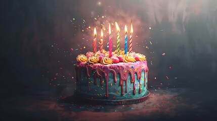 A colorful birthday cake with candles on beautiful background