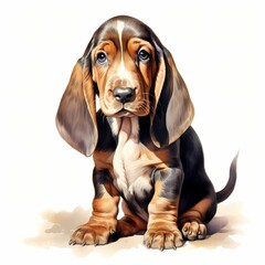 Basset hound. Basset hound dog. Puppy clipart. Watercolor illustration. Generative AI. Detailed illustration.