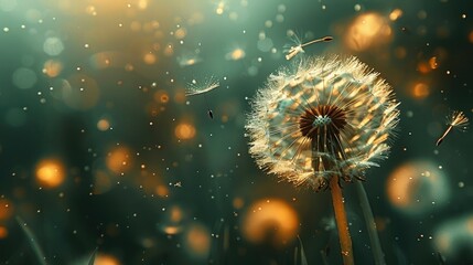 The delicate filaments of a dandelion seed head, catching the light and glowing like tiny stars in the grass. - obrazy, fototapety, plakaty
