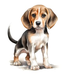 English beagle. Beagle dog clipart. Puppy clipart. Watercolor illustration. Generative AI. Detailed illustration.
