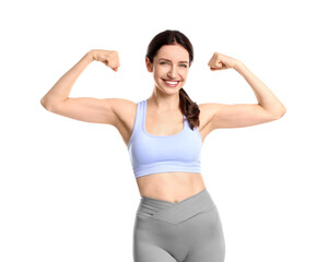 Fototapeta na wymiar Happy young woman with slim body showing muscles on white background