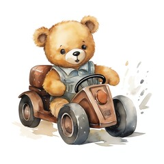 Bear driving a car. Bear driving clipart. Watercolor illustration. Generative AI. Detailed illustration.