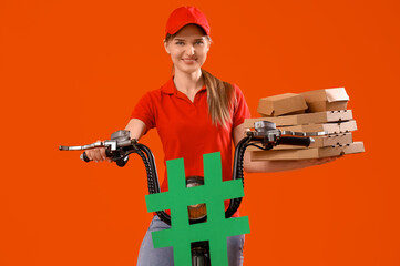 Female courier with food containers, hashtag sign and scooter against color background