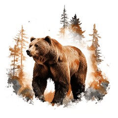 Brown bear. Bear in forest clipart. Forest animal. Watercolor illustration. Generative AI. Detailed illustration.