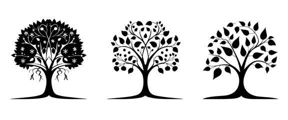 Set of Black Silhouette Trees Icon Vector Clip Art Illustration.