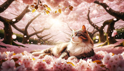 満開の桜の花の穏やかな美しさを楽しんでいる猫。A relaxed cat given spotted sunlight under the pink canopy of the petal and the cat which is in full blossom, and enjoys the calm beauty of cherry blossoms.