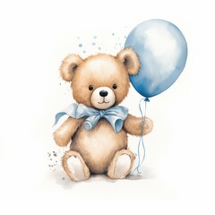 Bear with party balloons. Birthday bear clipart. Watercolor illustration. Generative AI. Detailed illustration.