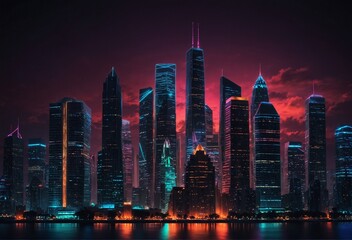Glowing Heights: Neon City Skyline Illuminated by Skyscrapers