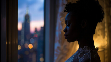 In the dimly lit room a poised black woman positions herself against the window the city skyline silhouetted in the background. The delicate lace of her dress adds a touch of femininity .