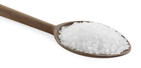 Natural salt in wooden spoon isolated on white