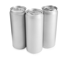 Energy drinks in aluminum cans on white background