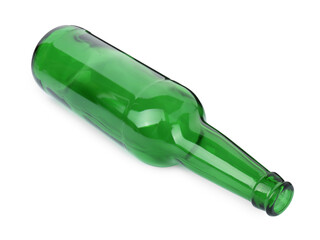 One empty green beer bottle isolated on white