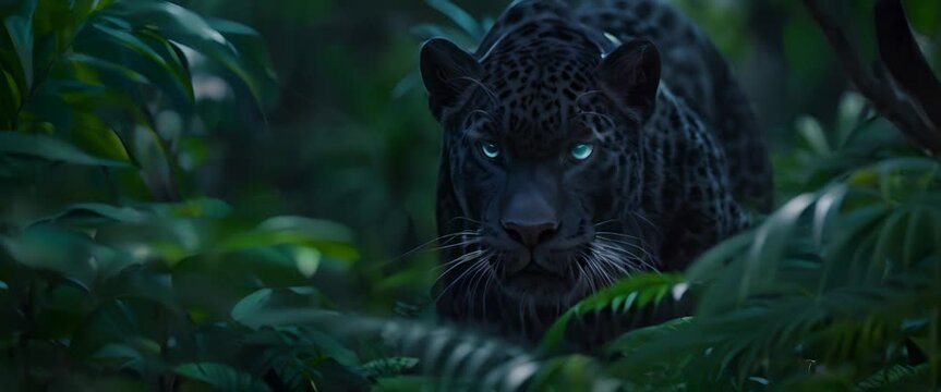 Black panther, a rare wild animal hidden in the bushes in the tropics.