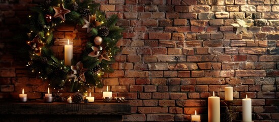 Lit candles in front of a brick wall with wreath