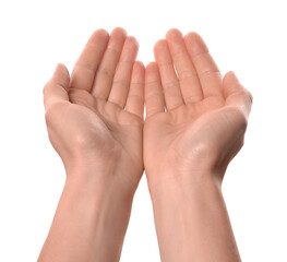 Religion. Woman with open palms praying on white background, closeup