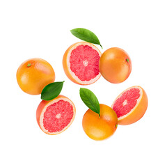 Fresh ripe grapefruits and green leaves falling on white background