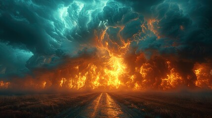 Electric Fury - Supercell Storm Over Prairie Road - Dramatic Weather Encounter - Generative AI