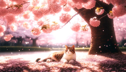 満開の桜の花の穏やかな美しさを楽しんでいる野良猫。A relaxed cat given spotted sunlight under the pink canopy of the petal and the cat which is in full blossom, and enjoys the calm beauty of cherry blossoms.
