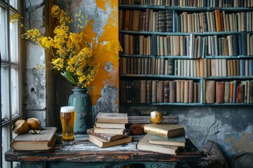 Minimalist yellow and grey interior with books, beer on table