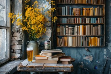 Minimalist yellow and grey interior with arrangement of books and a glass of beer