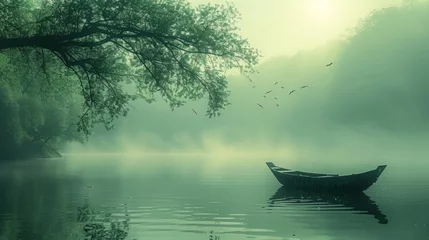 Zelfklevend Fotobehang Serene Lake Landscape with Boat © GoGameGod