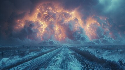 Electric Fury - Supercell Storm Over Prairie Road - Dramatic Weather Encounter - Generative AI - obrazy, fototapety, plakaty