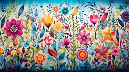 Colorful Floral Mural Artistic Botanical Illustration Vibrant Nature Decorative Painting - obrazy, fototapety, plakaty