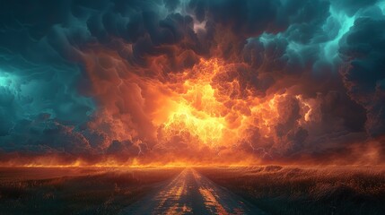 Fototapeta na wymiar Electric Fury - Supercell Storm Over Prairie Road - Dramatic Weather Encounter - Generative AI